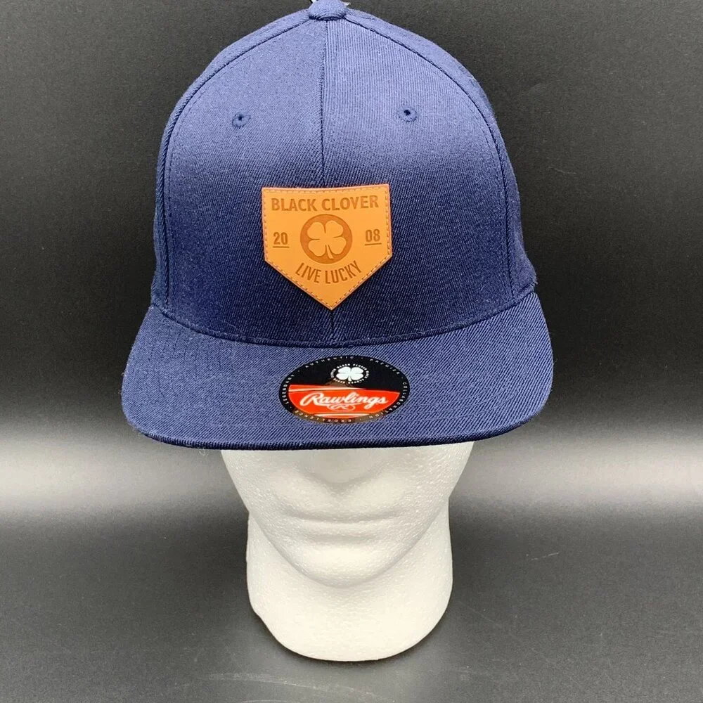Rawlings Black Clover Hat Flat Bill Leather Patch Navy Blue Acrylic Wool S/M New